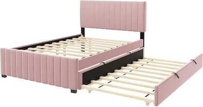 Bellemave Full Bed Frame with Trundle Bed,Velvet Upholstered Platform Bed Frame,Full Size Trundle Bed with Headboard for Kids Teens Adults(Pink)