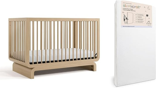 Storkcraft Santorini Convertible Crib with Toddler Guardrail & Storkcraft 6-Inch Grow-with Me Premium Waterproof Dual-Sided Baby Crib & Toddler Bed Mattress (Driftwood) – GREENGUARD Gold Certified