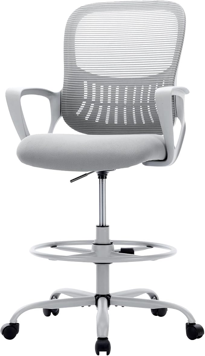 Sweetcrispy Tall Drafting Desk Chair - Ergonomic High Stool Computer with Adjustable Height and Comfy Lumbar Support, Office Rolling Counter with Flixed Arms and Footrest, Grey