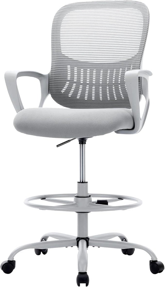 Sweetcrispy Tall Drafting Desk Chair - Ergonomic High Stool Computer with Adjustable Height and Comfy Lumbar Support, Office Rolling Counter with Flixed Arms and Footrest, Grey