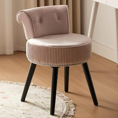 Vanity Chair with Back, Velvet Stool with Low Backrest & Silver Nailhead Trim, Round Vanity Seat for Bedroom and Bathroom Makeup, Support 220lbs, Easy Assembly (Pink)