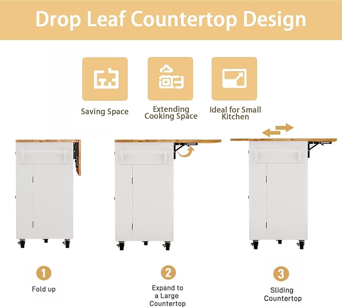 67 Kitchen Island Cart with Drop Leaf Breakfast Bar, Rolling Mobile Kitchen Island Table on Wheels with Storage Cabinet, Drawer, Spice/Towel Rack, White