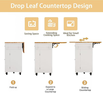 67 Kitchen Island Cart with Drop Leaf Breakfast Bar, Rolling Mobile Kitchen Island Table on Wheels with Storage Cabinet, Drawer, Spice/Towel Rack, White