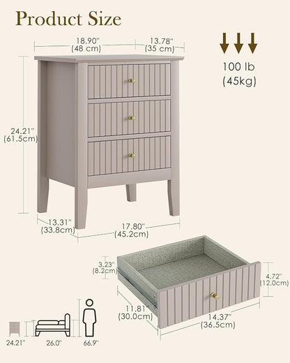 Night Stand, Fluted Nightstand Bedside Tall Farmhouse Nightstand with 3 Drawers, Mid Century Modern Side Accent Table,Bedside End Table for Bedroom, Living Room, Khaki