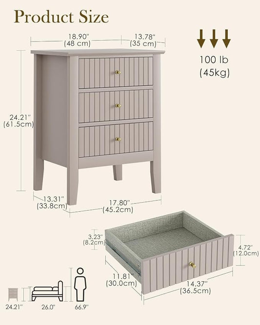Night Stand, Fluted Nightstand Bedside Tall Farmhouse Nightstand with 3 Drawers, Mid Century Modern Side Accent Table,Bedside End Table for Bedroom, Living Room, Khaki