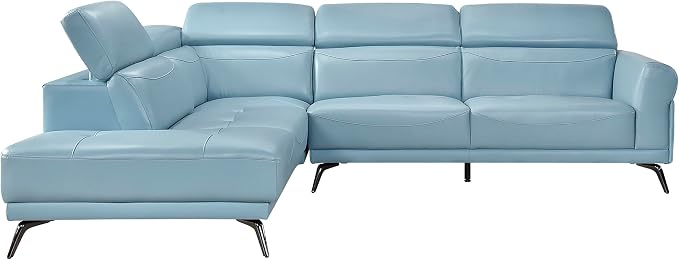 Lexicon L-Shaped Sectional Couch with Left Chaise, Top Grain Leather Match Sectional Sofa, Adjustable Headrests, Black Chrome Metal Legs, High-Density Cushions, Stitching, for Living Room, Blue