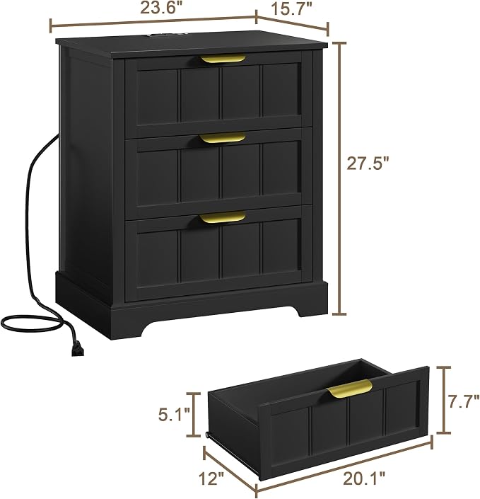 ChooChoo Black Nightstand with Charging Station, 3 Drawer Night Stand with USB-C Port, Larger Bedside Table with Storage, Modern End Table for Bedroom