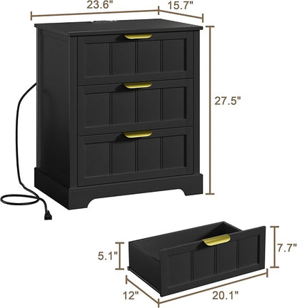 ChooChoo Black Nightstand with Charging Station, 3 Drawer Night Stand with USB-C Port, Larger Bedside Table with Storage, Modern End Table for Bedroom