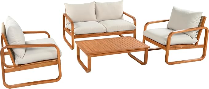 VilroCaz Acacia Wood 4-Piece Patio Conversation Set, All Weather Sectional Sofa Set w/ 2 Chairs, Loveseat & Table, Outdoor Furniture Set with Woven Rope Accents and Cushions for Backyard Pool