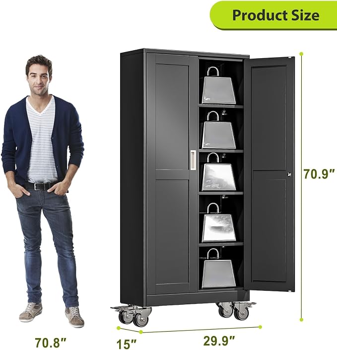 Metal Garage Storage Cabinet with Wheels, 70.9" H x 29.9" W x 15" D, Lockable Rolling Steel Tool Cabinet with Adjustable Shelves, Heavy Duty Garage Cabinet for Workshop, Basement, Home, Black
