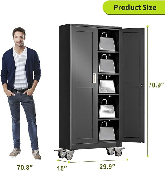 Metal Garage Storage Cabinet with Wheels, 70.9" H x 29.9" W x 15" D, Lockable Rolling Steel Tool Cabinet with Adjustable Shelves, Heavy Duty Garage Cabinet for Workshop, Basement, Home, Black