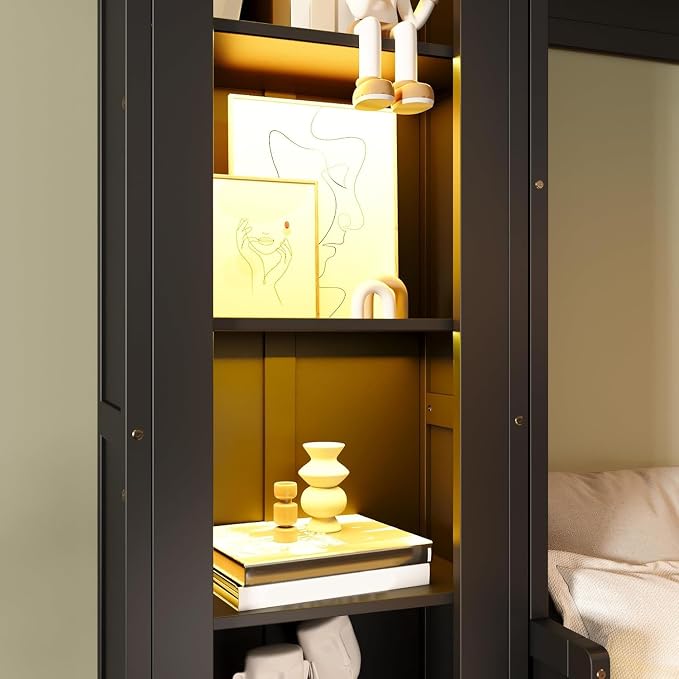 MERITLINE Queen Murphy Bed with Desk and Storage & LED Light, Solid Wood Hideaway Murphy Wall Bed with Storage Shelves Bookcase and Drawers for Adults Bedroom Office Library (Queen,Black)