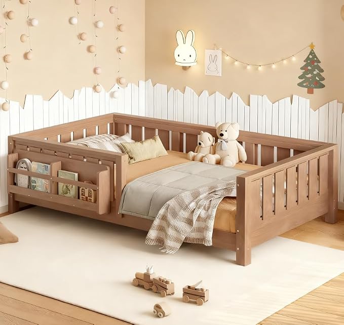 Bellemave Twin Size Floor Bed with high Rails and with Built-in Bookshelf for Kids, Girls, Boys, Wood Montessori Floor Bed Without Door, Natural