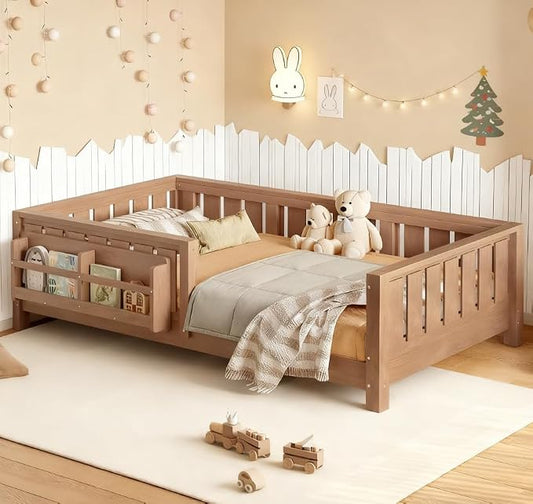 Bellemave Twin Size Floor Bed with high Rails and with Built-in Bookshelf for Kids, Girls, Boys, Wood Montessori Floor Bed Without Door, Natural