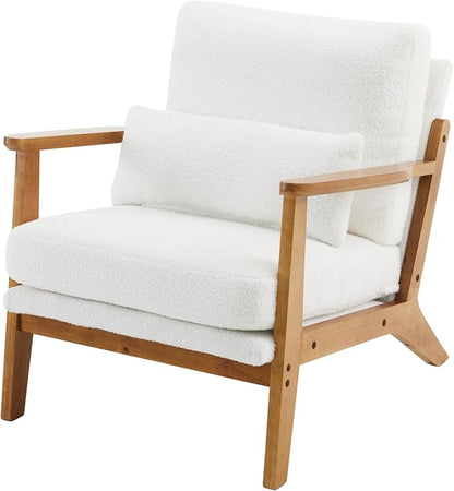 VINGLI Solid Wood Wide Armrests Accent Chair Set of 2,Upholstered Mid Century Modern Chair with Pillow,Farmhouse Arm Chair Comfy Reading Chair,Chairs Living Room,Bedroom,Guest Room,Teddy Fleece,White