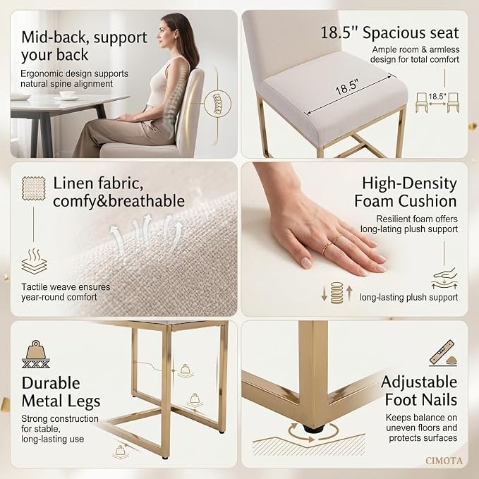 CIMOTA Modern Dining Chairs Set of 2, Upholstered Dining Room Chairs Armless Guest Side Chair with Gold Base for Dining Room/Kitchen, Beige, 2PCS