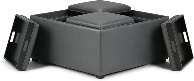 SIMPLIHOME Avalon Wide Contemporary Square Coffee Table Storage Ottoman, Stone Grey, Table Ottoman