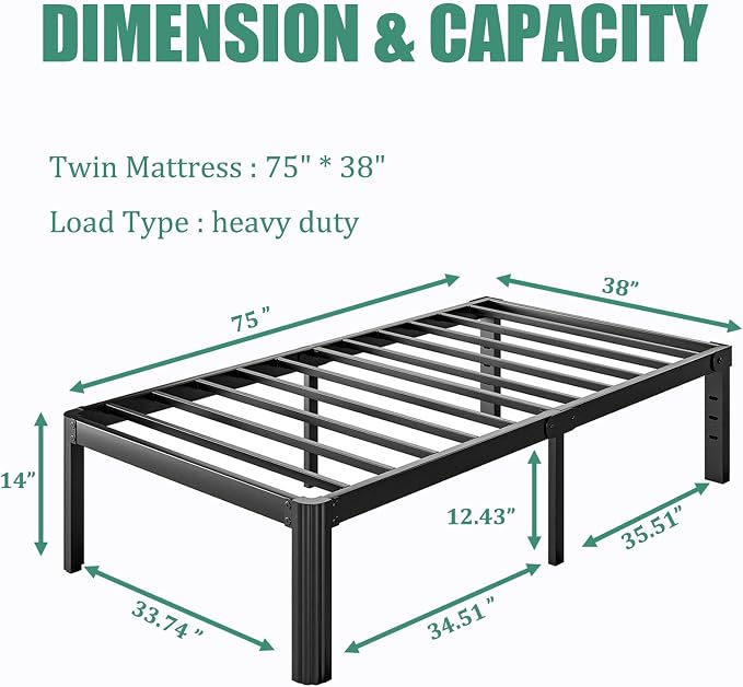 14 Inch High Twin Bed Frame No Box Spring Needed, Platform Metal Bed Frame Twin, Heavy Duty, Noise Free, Easy Assembly, Black