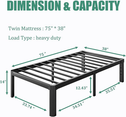 14 Inch High Twin Bed Frame No Box Spring Needed, Platform Metal Bed Frame Twin, Heavy Duty, Noise Free, Easy Assembly, Black