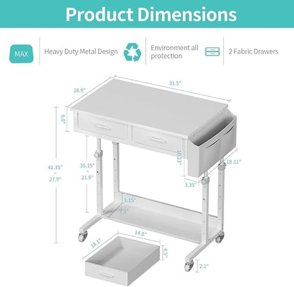 WINAZ Small Rolling Desk with Drawers & Storage - 32 Inch Adjustable Height Standing Desk on Wheels for Teachers, Students, Portable Mobile Workstation for Home Office, Small Spaces, Sewing & Crafts