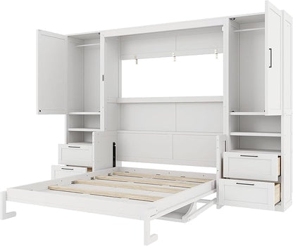 Merax Queen Size Murphy Bed with Desk, Closet, Drawers and Shelves, Fold into the Wall, Space-Saving Foldable Wood Platform Bed Frame for Small Spaces Studio Study Office Guest Room, White