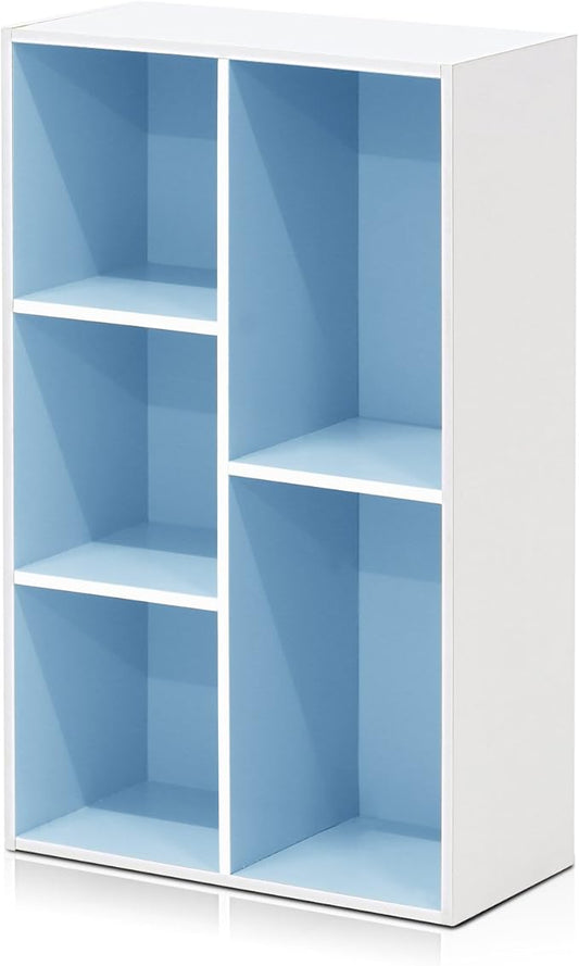 Furinno LUDER Book Shelf, 5-Cube Bookshelf, Reversible Bookcase, 9.4 x 19.5 x 31.5, Easy Assembly, for Living Room, Bedroom, Home Office, White/Light Blue