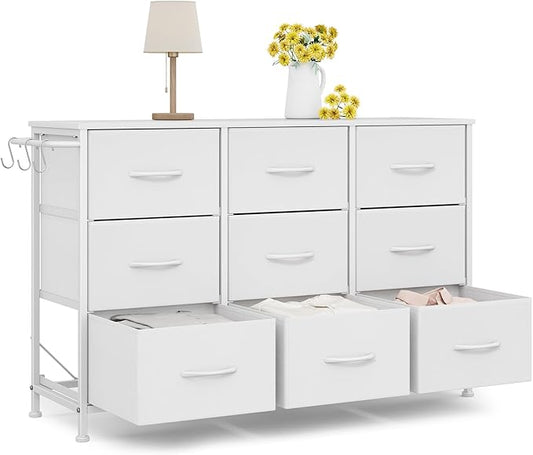 Dresser for Bedroom, Small Fabric Dressers for Kids Bedroom, 9 Drawers Dresser for Closet, Storage Organizer Chest of Drawers for Nursery, Dorm, Apartment, TV Stand, Wooden Top, Side Hooks (White)