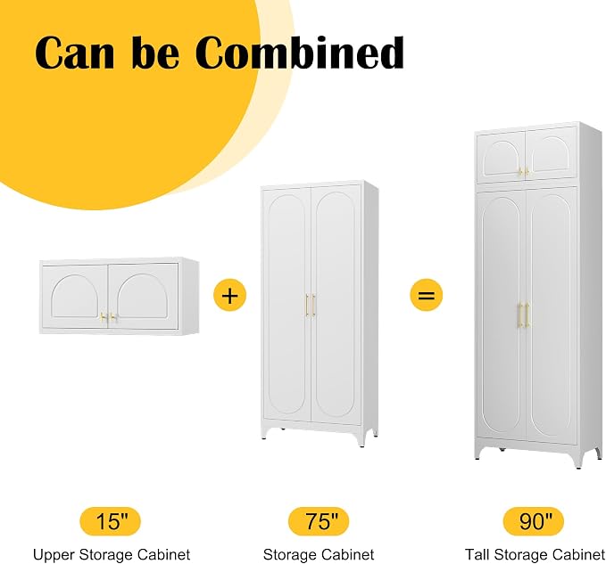 SteeLoong Metal Storage Cabinet and Wall Upper Storage Cabinet,90Inch White Kitchen Pantry Cabinets with 4 Adjustable Shelves,Tall Food Cupboards for Living Room, Dining Room Office