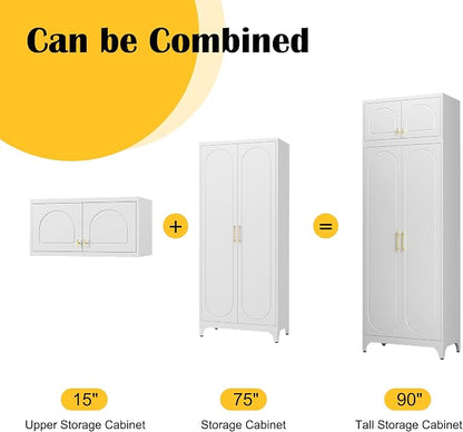 SteeLoong Metal Storage Cabinet and Wall Upper Storage Cabinet,90Inch White Kitchen Pantry Cabinets with 4 Adjustable Shelves,Tall Food Cupboards for Living Room, Dining Room Office