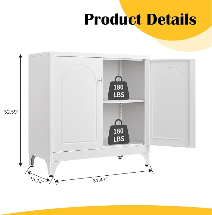SteeLoong Metal Sideboard Buffet Cabinet with Storage,33 Inch Coffee Bar Cabinet with Adjustable Shelf, White Kitchen Sideboard Cabinets for Dining Room, Living Room