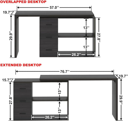 HSH Dark Grey L Shaped Computer Corner Desk with 3 Storage Drawers 55 inch | Reversible Home Office Corner Desk with 2 Open Side Shelves Modern Wood Executive L Desks for Bedroom,Study Workstation