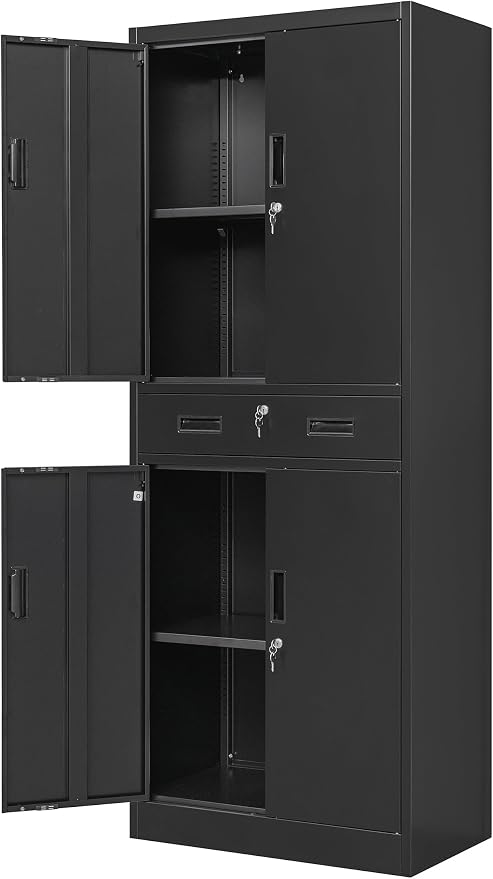 Wanfu Metal Storage Cabinet, 71" H x 28" W x 16" D Locking Storage Cabinet with Adjustable Shelves and 1 Drawer, Steel Cabinet for Office, Garage, Home, School, Utility (Black)