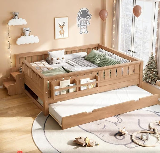 Bellemave Full Size Kids Bed with high Rails and with Built-in Bookshelf and Trundle for Kids, Girls, Boys, Wood Montessori Bed Without Door, Natural