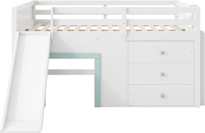 Bellemave Full Size Low loft Bed for Kids,Wood Modern Farmhouse Full Loft Bed with Slide and Drawer Storage, No Box Spring Needed, White
