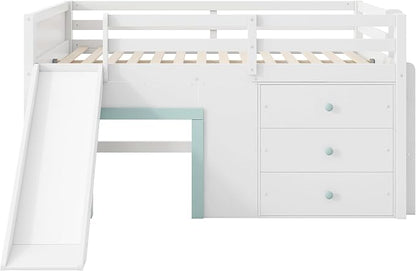 Bellemave Full Size Low loft Bed for Kids,Wood Modern Farmhouse Full Loft Bed with Slide and Drawer Storage, No Box Spring Needed, White