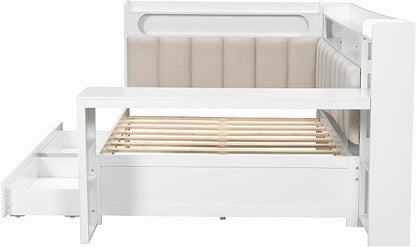 Bellemave Full Upholstered Daybed with Desk and Drawers and USB/LED Belt, Corner Bed with Trundle, L-Shape daybed for Bedroom Living Room, White（Linen）