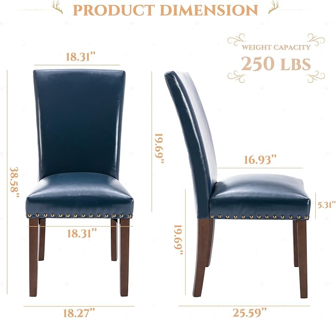 Parsons Dining Chairs Set of 2, Upholstered Nailhead PU Leather Dining Room Kitchen Side Chair with Thick Cushions and Wood Legs, Blue