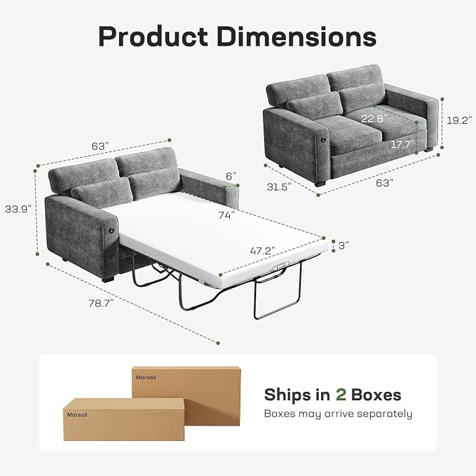 Marsail 63" Pull Out Sofa Bed, Full Size Sleeper Sofa with Memory Foam Mattress, 2 USB Charging Ports & Removable Covers, Chenille Loveseat Couch for Living Room, Apartment, Light Grey
