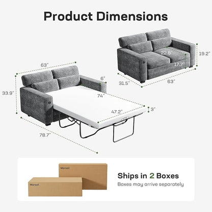 Marsail 63" Pull Out Sofa Bed, Full Size Sleeper Sofa with Memory Foam Mattress, 2 USB Charging Ports & Removable Covers, Chenille Loveseat Couch for Living Room, Apartment, Light Grey