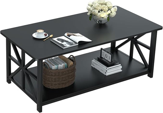 GreenForest Coffee Table for Living Room with Round Corners | Rustic Style Center Table with Storage Shelf,39 Inch X-Frame Sofa Table,Space Saving,Easy Assembly,Black