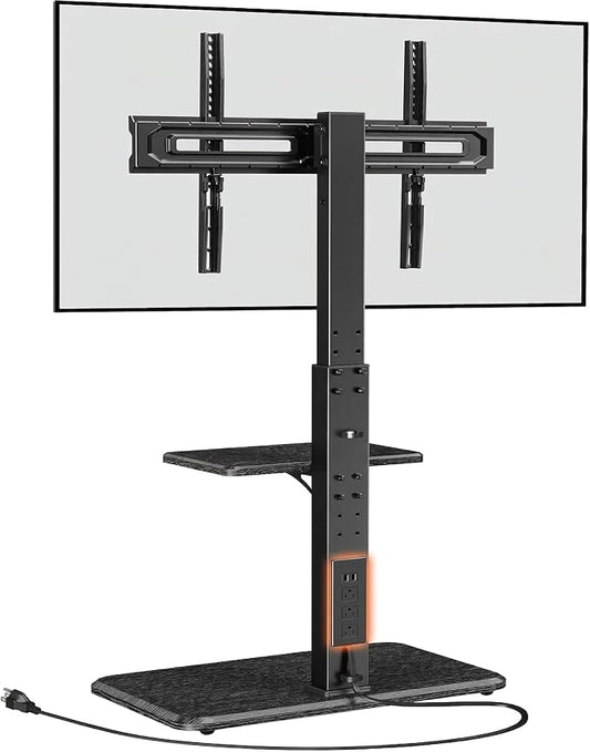 Perlegear Floor TV Stand with Power Outlet, Universal TV Stand for 32-75 inch TVs up to 110 lbs, Height Adjustable Standing TV Mount, Tall TV Mount with Wood Base, Max VESA 600x400mm, PGFS06