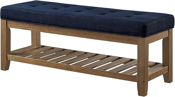 24KF Large Rectangular Upholstered Tufted Linen Fabric Ottoman Bench, Padded Bench with Solid Wood Shelf-Navy Blue