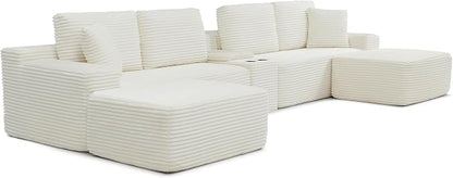 ivoros 125 Inch Modular Sectional Sofa Couch, Oversized Modern Cloud Couch for Living Room, U Shape Couches with 2 Ottomans, USB Ports and Cup Holders, Beige Corduroy Boneless Sofas, Sofa in a Box