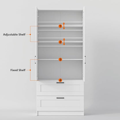 White Tall Kitchen Pantry Cabinet Organizers and Storage with Doors and Drawer and Adjustable Shelves，Wood Large Gabinetes Para Cocina Office Bookshelf for Laundry Room Cabinets (31.5”W*15.7”D*71”H)