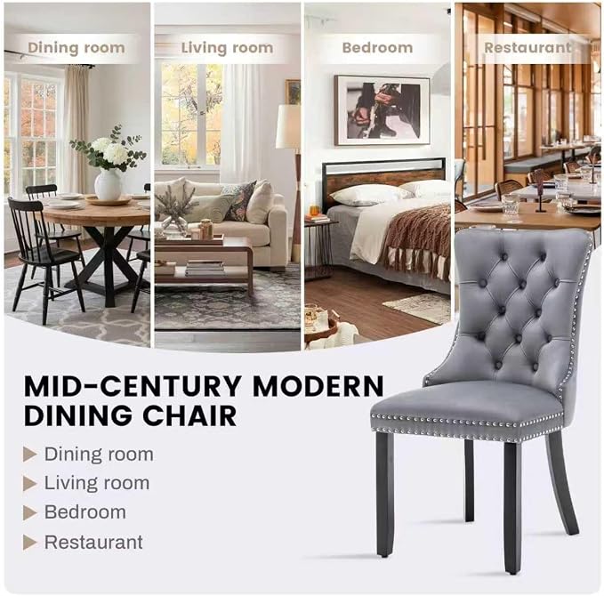 Mid Century Modern Dining Chair Set of 8 Velvet Upholstered Dining Accent Chair Farmhouse Dining Chairs with High Back and Nailhead Trim for Kitchen, Living Room, Bedroom (Gray)