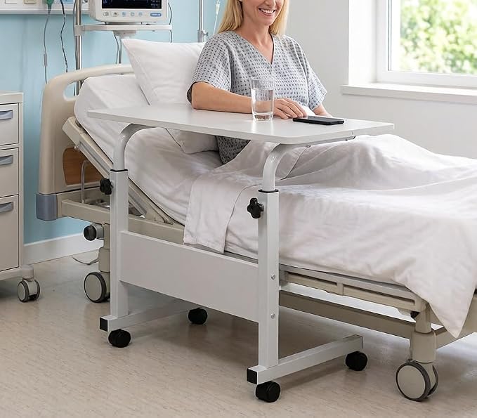Standing Desk - Side Table Adjustable Height, Portable Laptop Cart, C-Shaped Bed Couch end Tables with Edge Stopper - Wheels for Living Room Bedroom Walking Pad Treadmill 31.5Inch White