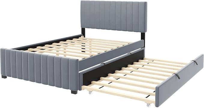 Bellemave Full Bed Frame with Trundle Bed,Velvet Upholstered Platform Bed Frame,Full Size Trundle Bed with Headboard for Kids Teens Adults(Gray)