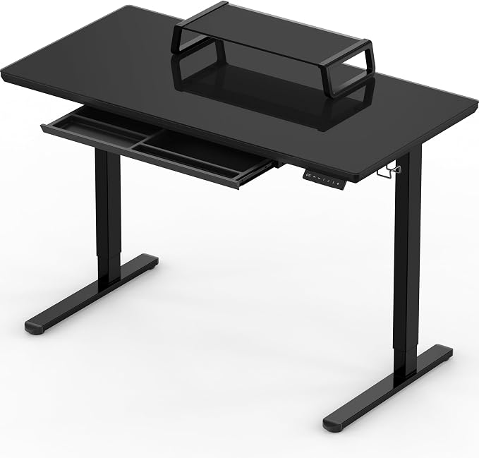 SHW 48x24 Glass Electric Height Adjustable Standing Desk – Motorized Sit Stand Desk with Monitor Riser, Pull-Out Drawer, Memory Presets, Black