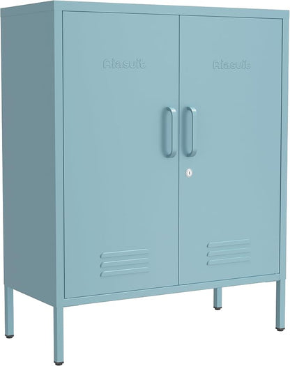 Multipurpose Accent Cabinet Locker, Metal Storage Cabinet with 2 Adjustable Shelves, Heavy Duty & Lockable Organizer Made of Thickened Steel, Easy Assembly for Home, Entryway, Blue