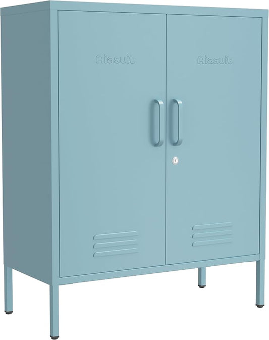 Multipurpose Accent Cabinet Locker, Metal Storage Cabinet with 2 Adjustable Shelves, Heavy Duty & Lockable Organizer Made of Thickened Steel, Easy Assembly for Home, Entryway, Blue
